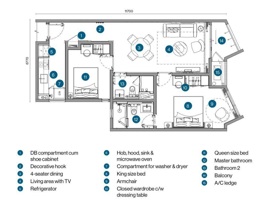 2 bedroom condo in Pantai Cenang floor plan at Clarissa Langkawi Type B